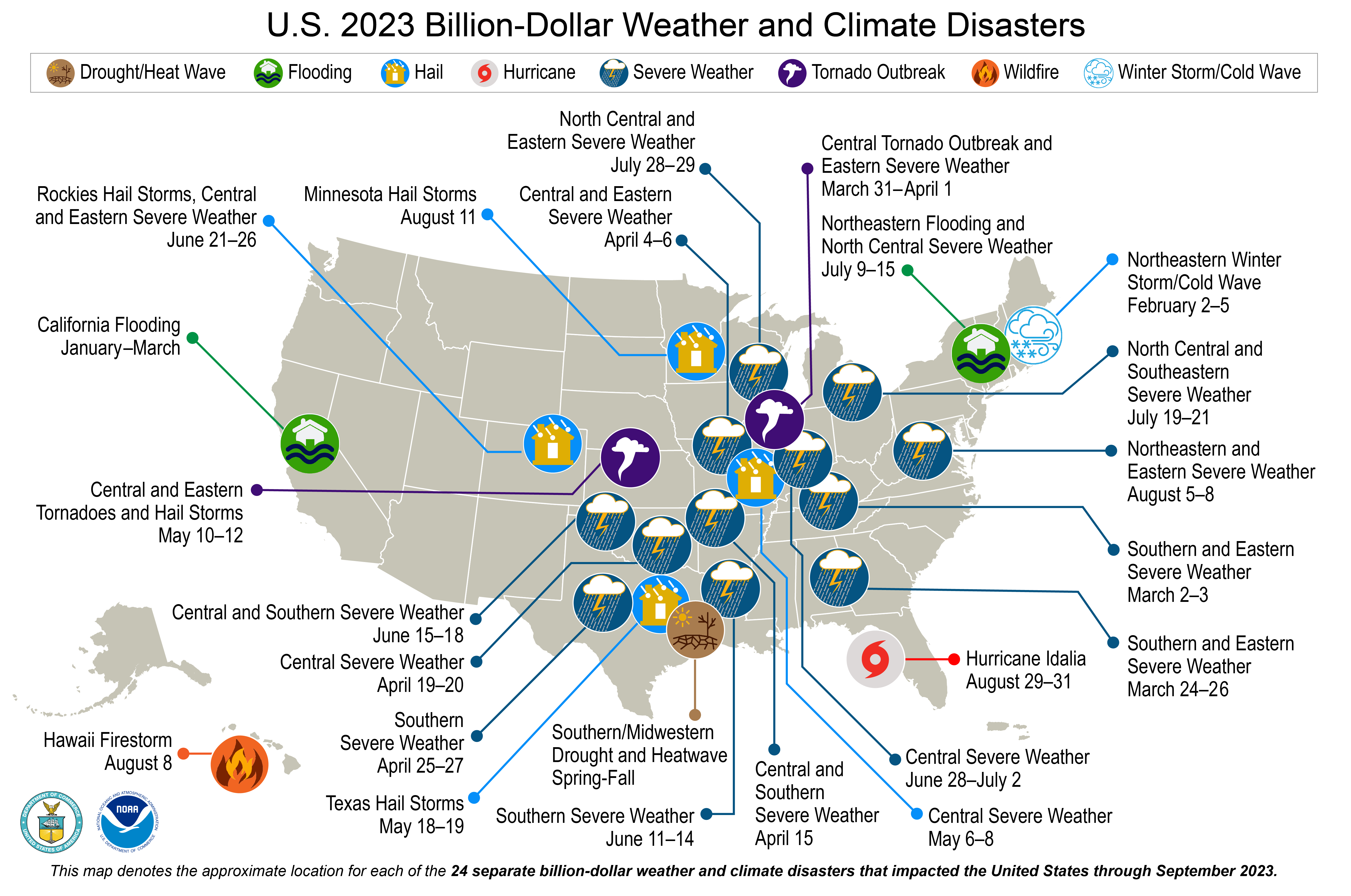 A map of the U.S. plotted with 24 weather and climate disasters each costing $1 billion or more that occurred between January and September, 2023. 