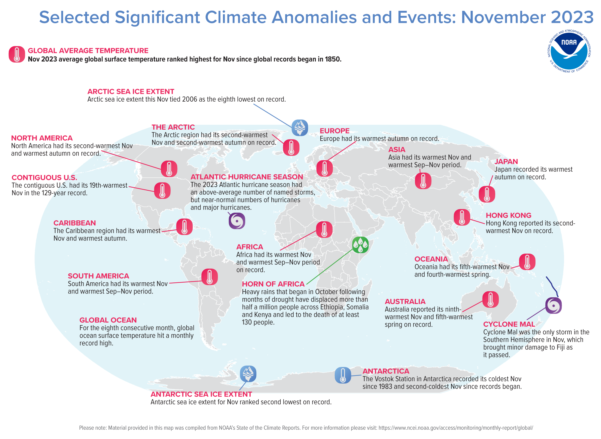 A map of the world plotted with some of the most significant climate events that occurred during November 2023. Please see the story below as well as more details in the report summary from NOAA NCEI at http://bit.ly/Global202311.