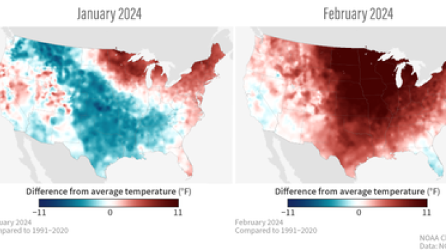 Left to right: Monthly temperatures for December, January, and February 2023-2024 compared to the 1991-2020 average for the contiguous United States. Despite a swatch of cooler-than-average temperatures across the central part of the country in January, the winter overall was the warmest in the 130-year record. 