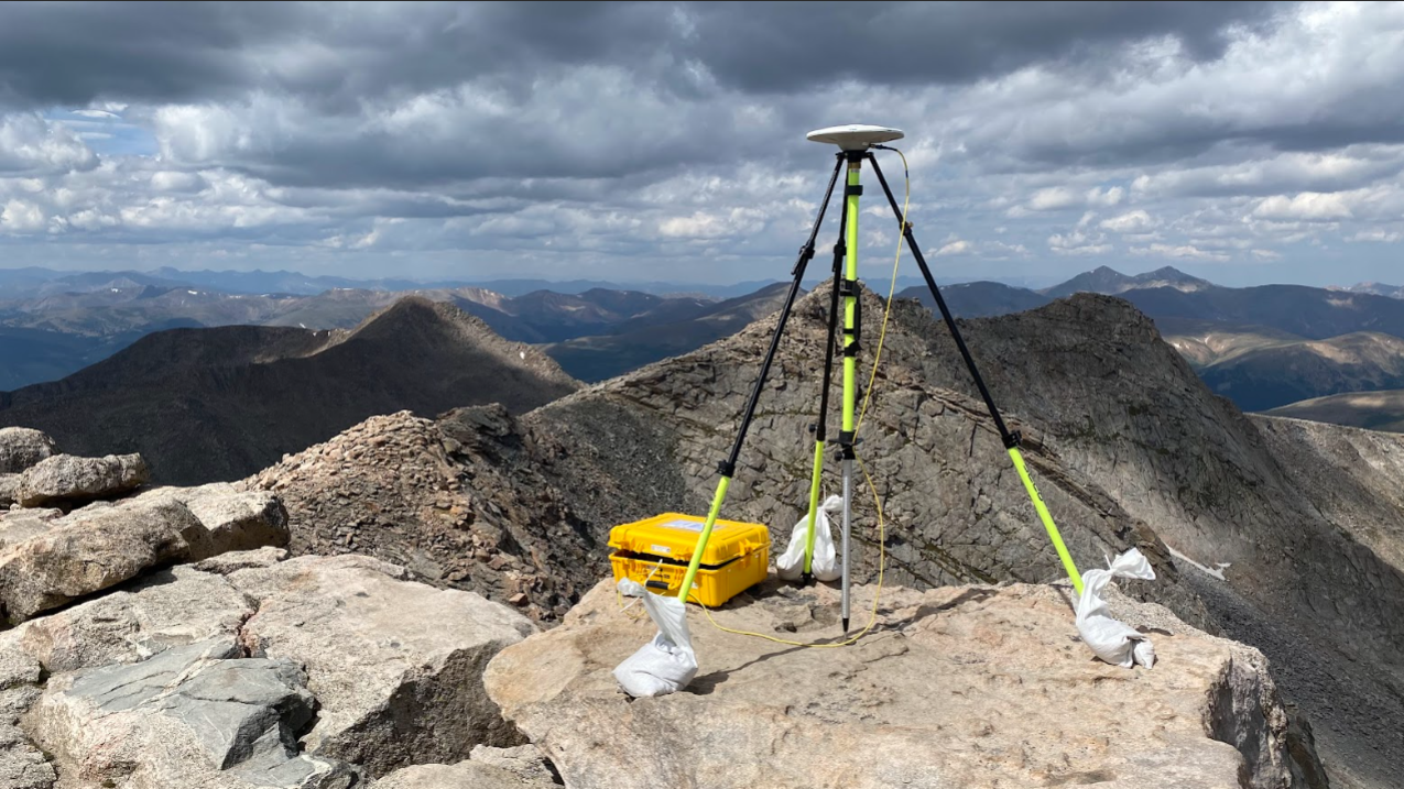 August 23, 2023: A GPS antenna and receiver determine an accurate position and elevation for a geodetic control mark on the top of Mt. Blue Sky, Colorado, elevation 14,266 feet.