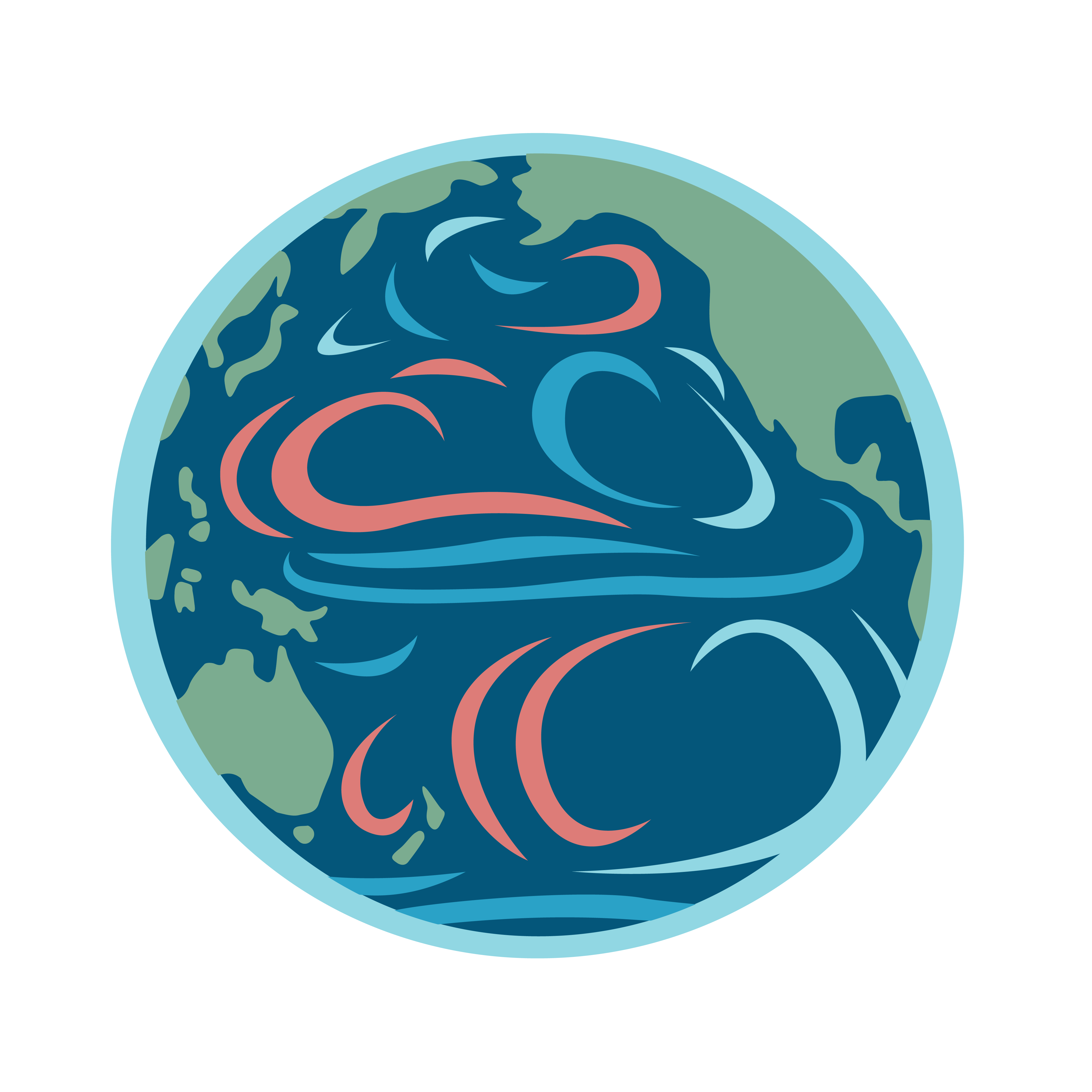 A graphic of the Earth with illustrated ocean currents on the surface of the ocean. Some currents are red, depicting warmer currents, and others are blue, depicting colder currents.