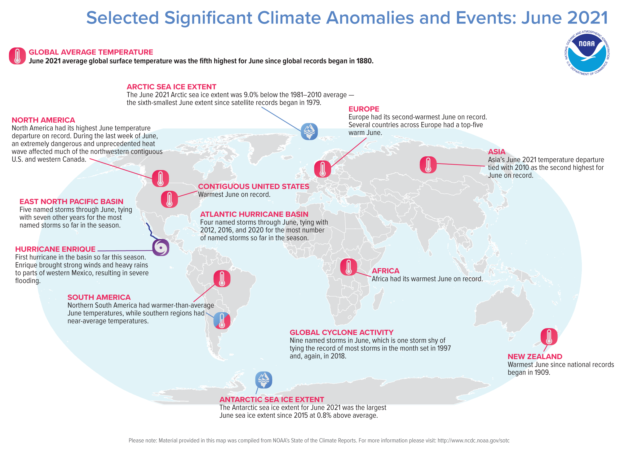 A map of the world plotted with some of the most significant climate events that occurred during May 2021. Please see the story below as well as more details in the report summary from NOAA NCEI at http://bit.ly/Global202106.