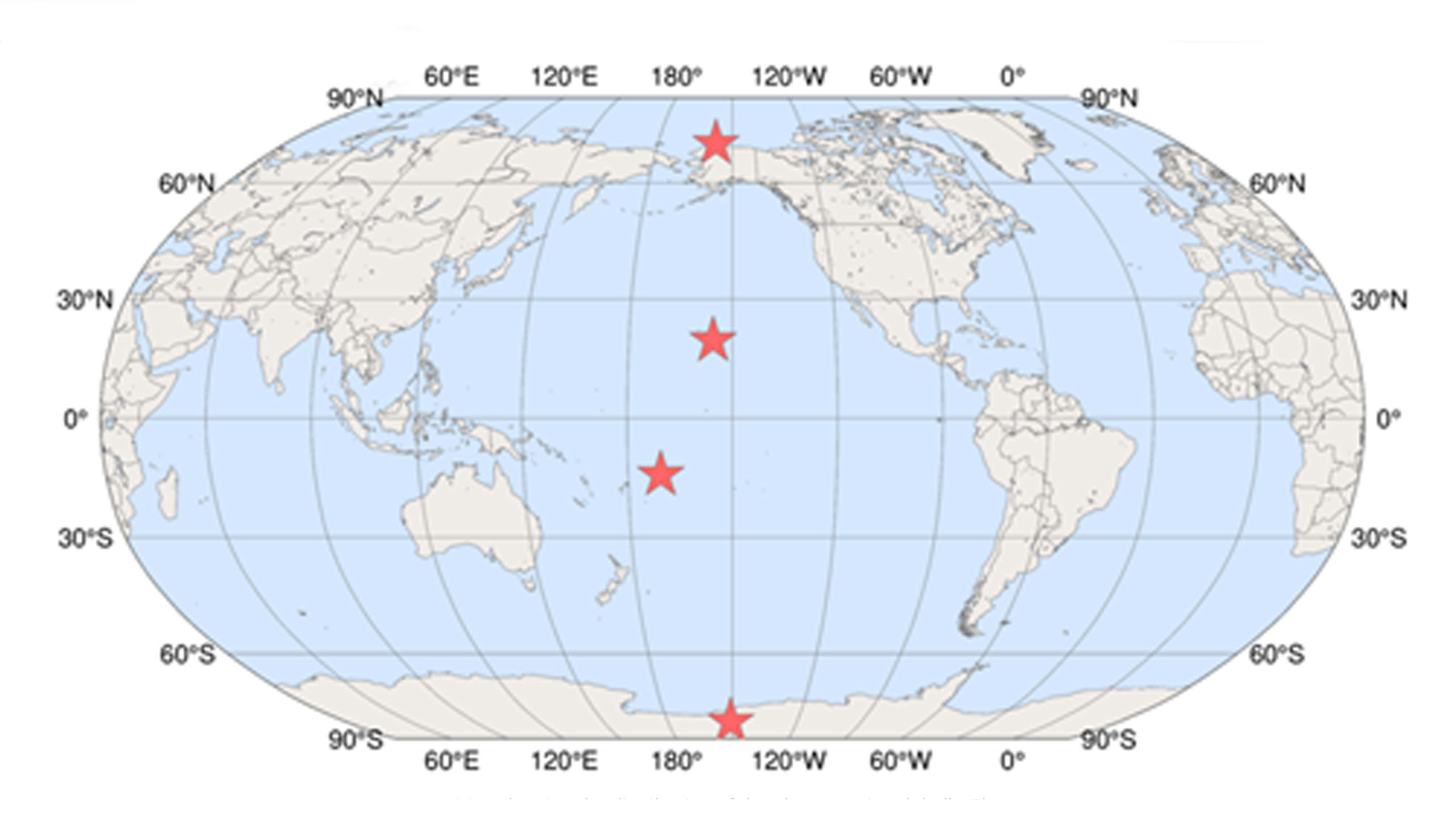 This map shows the strategic spread of NOAA's four remote atmospheric baseline observatories, representing a range of latitudes north and south of the equator. The positioning provides a cross section and good snapshot of Earth's atmosphere at any given time. 
