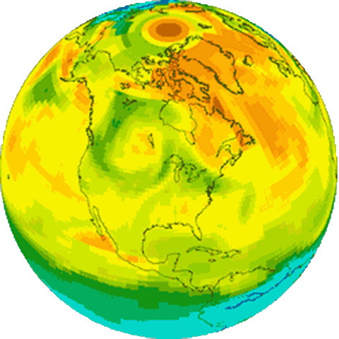 Barrow scientists contribute to the NOAA-developed CarbonTracker, which, like a checkbook, keeps tabs on both the input and removal of carbon dioxide in the global atmosphere. In this example, warm colors show high carbon dioxide concentrations while cool colors reflect low levels. Patterns form as weather systems move both levels around in air masses.
