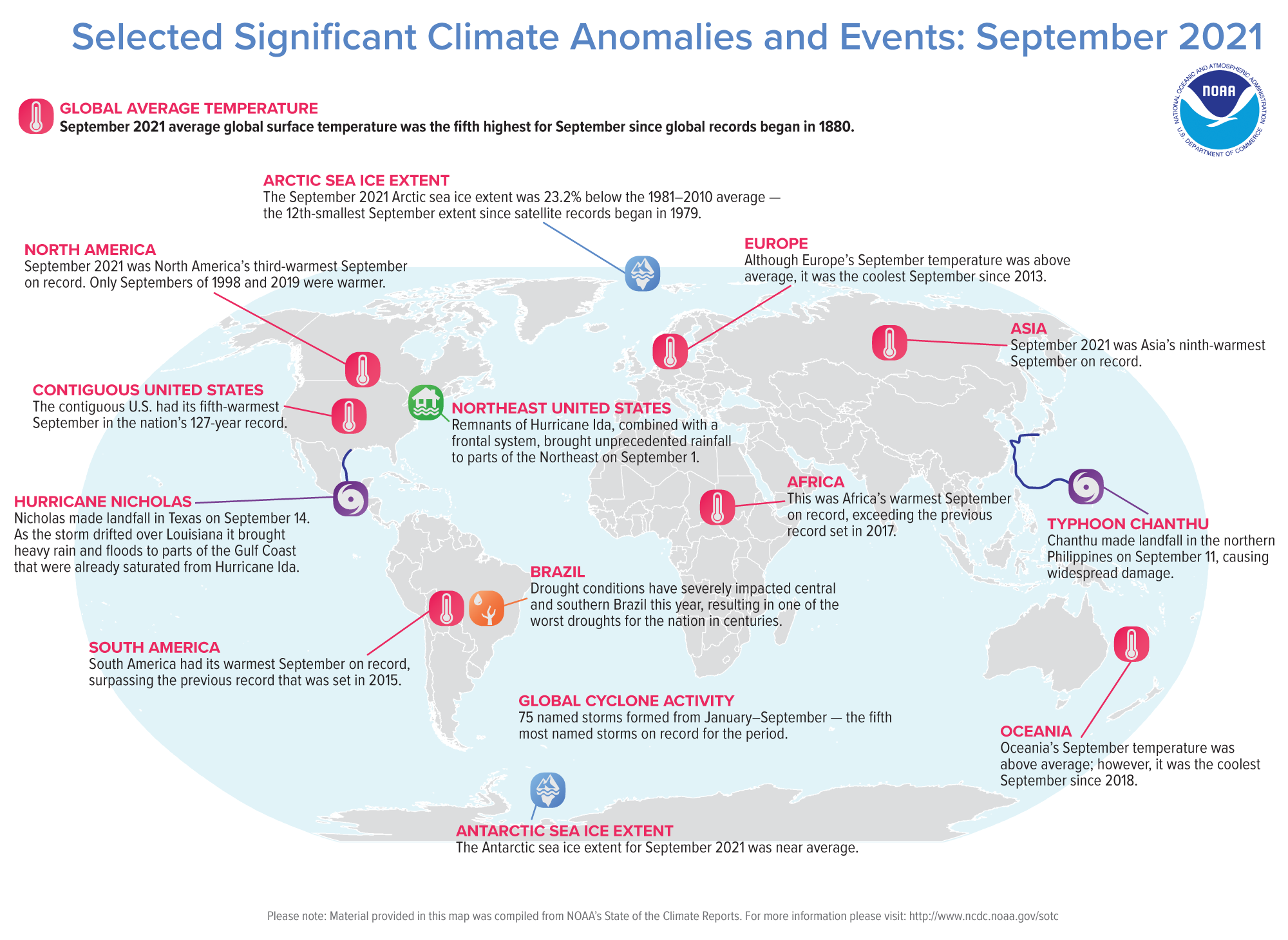 A map of the world plotted with some of the most significant climate events that occurred during September 2021. Please see the story below as well as more details in the report summary from NOAA NCEI at http://bit.ly/Global202109