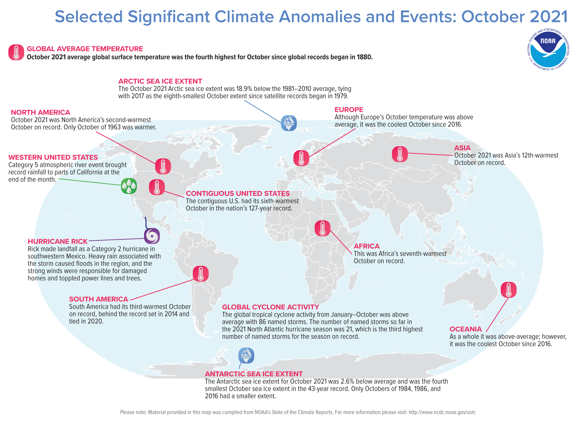 A map of the world plotted with some of the most significant climate events that occurred during October 2021.