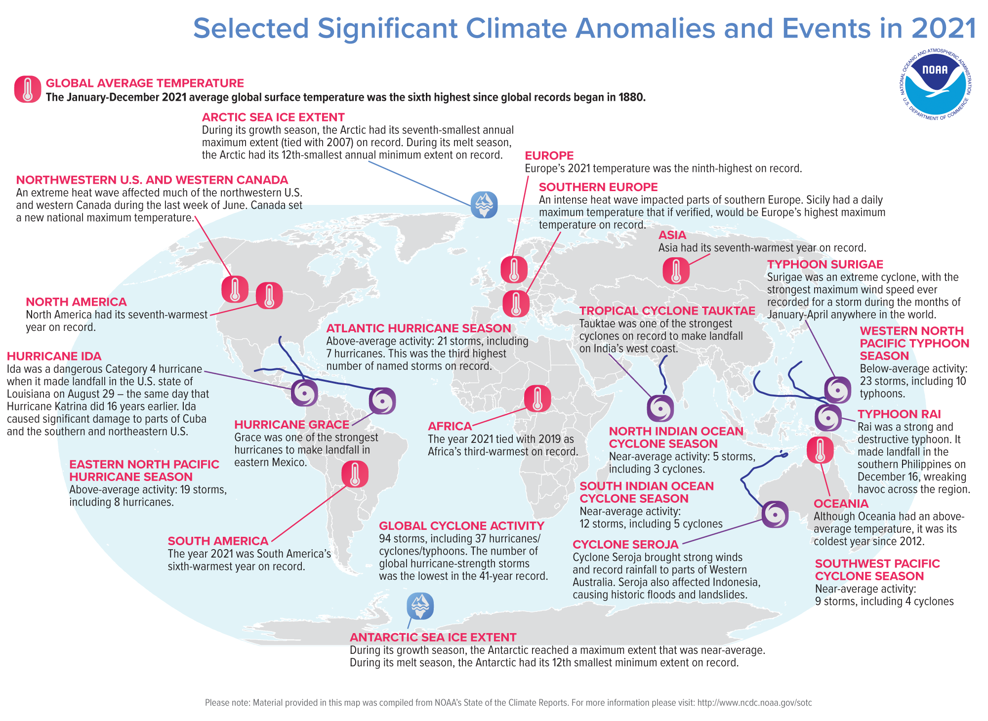 An annotated map of the world plotted with the year's most significant climate events of 2021.