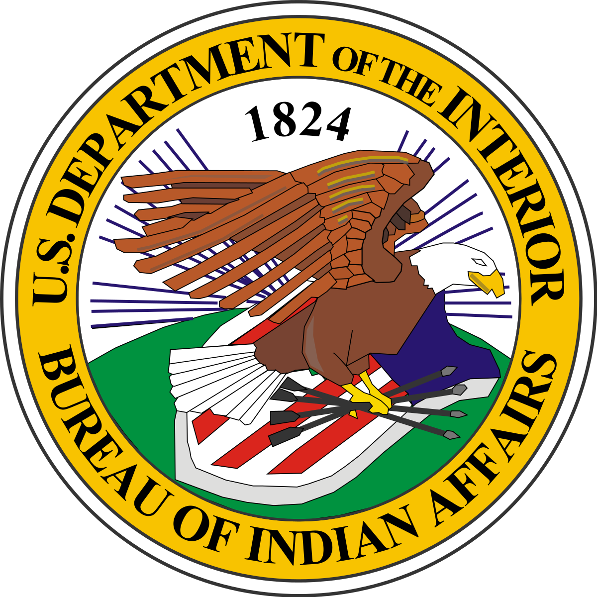 Emblem with circular text, "U.S. Department of the Interior, Bureau of Indian Affairs" around illustration with 1824 and an eagle carrying arrows over a red and white striped shield on a green field 