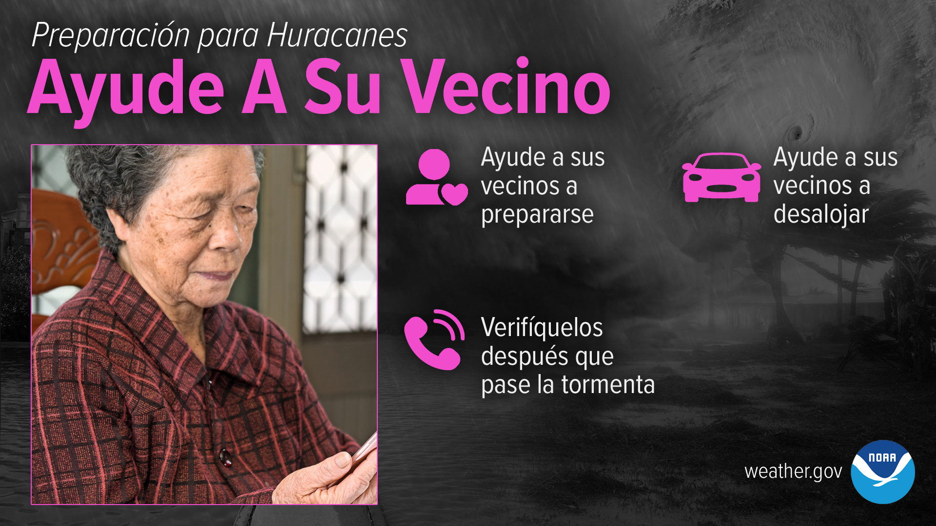 Preparación para Huracanes - Ayude A Su Vecino: Ayude a sus vecinos a prepararse. Ayude a sus vecinos a desalojar. Verifíquelos después que pase la tormenta.