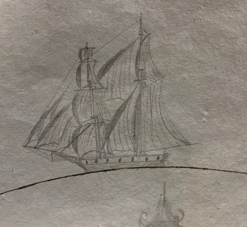 This sketch of the brig Industry was found inside an 1828 logbook for Industry at the New Bedford Whaling Museum. 