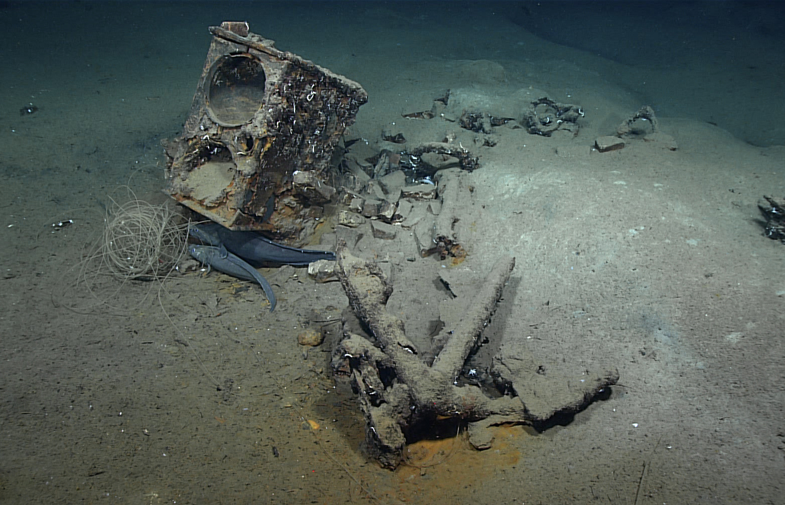 This image of the tryworks was taken from the shipwreck site of brig Industry by a NOAA ROV. The tryworks was a cast iron stove with two deep kettles used to render whale blubber into oil. It was manufactured by G & W Ashbridge, a Philadelphia company. 