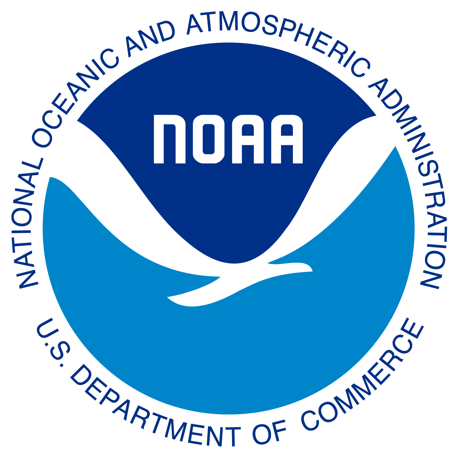 Official NOAA emblem: A white gull-like form separates a dark blue field that represents the sky from a lighter blue field that represents water. A "NOAA" wordmark, made of white custom text, is placed in the dark blue field. The text "National Oceanic and Atmospheric Administration U.S. Department of Commerce" circumscribes the image on a white background. 