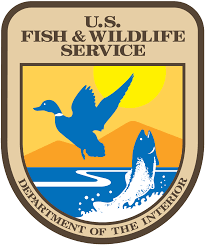 Logo with the text "U.S. Fish & Wildlife Service" above an image of a bird over water and a fish jumping out of the water and the text, "Department of the Interior" below