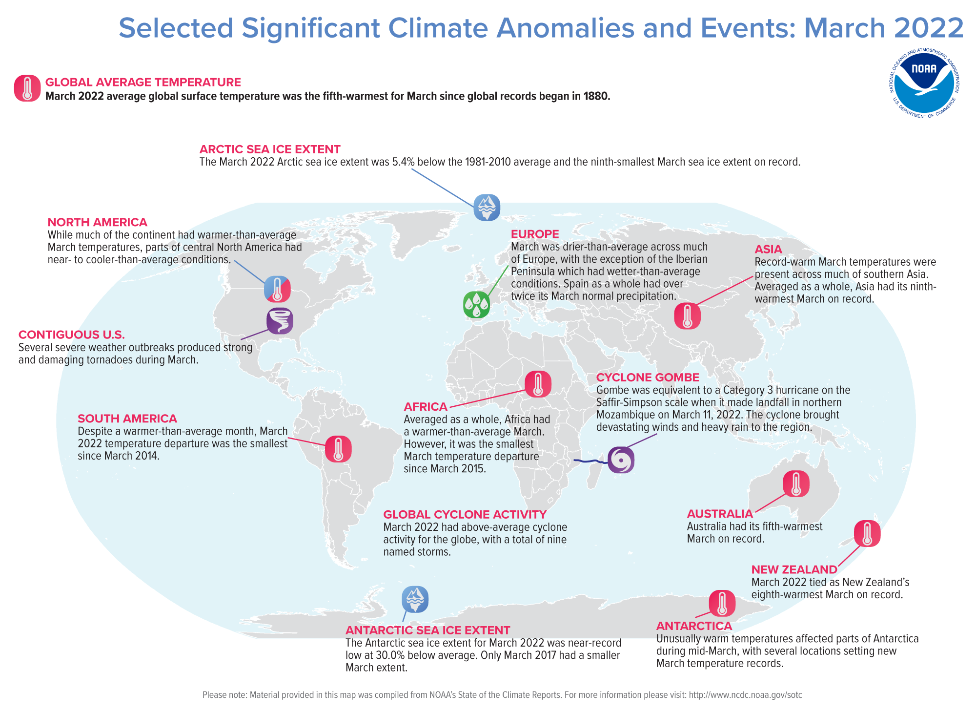 A map of the world plotted with some of the most significant climate events that occurred during March 2022. 