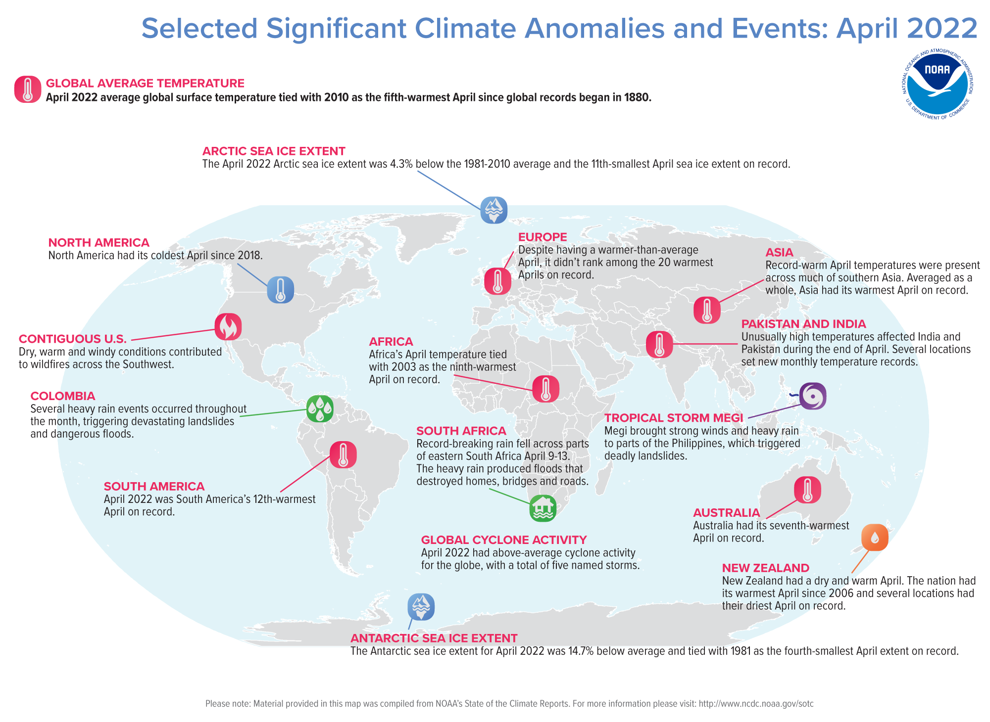 A map of the world plotted with some of the most significant climate events that occurred during April 2022. 