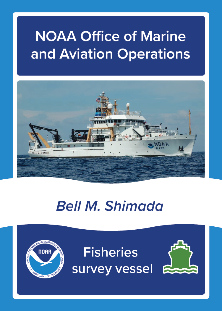 NOAA Ship Bell M. Shimada, NOAA Office of Marine and Aviation Operations, Fisheries survey vessel. Image: Photo of NOAA Ship Bell M. Shimada at sea.