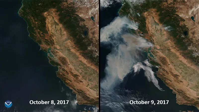 side-by-side comparative satellite images of the California coast showing smoke, the left from October 8, 2017 with no smoke, and the right from October 9, 2017 with significant smoke over the fire and offshore.
