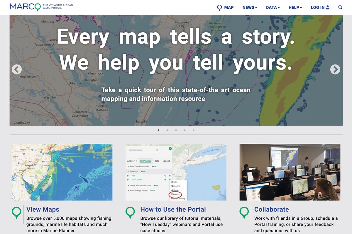 A screenshot of the Mid-Atlantic Ocean Data Portal homepage. 