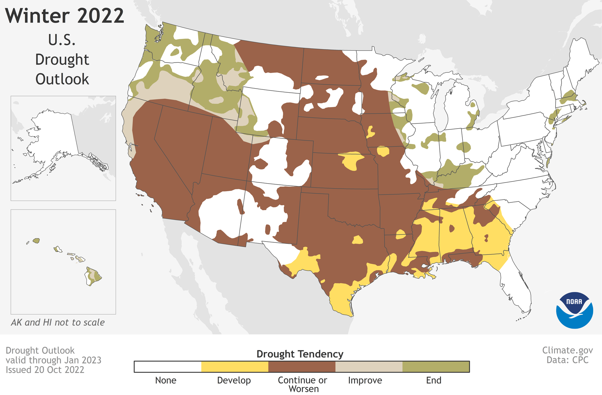 Map showing this seasonal U.S. Drought Outlook map for November 2022 through January 2023 predicts persistent widespread drought across much of the West, the Great Basin, and the central-to-southern Great Plains.