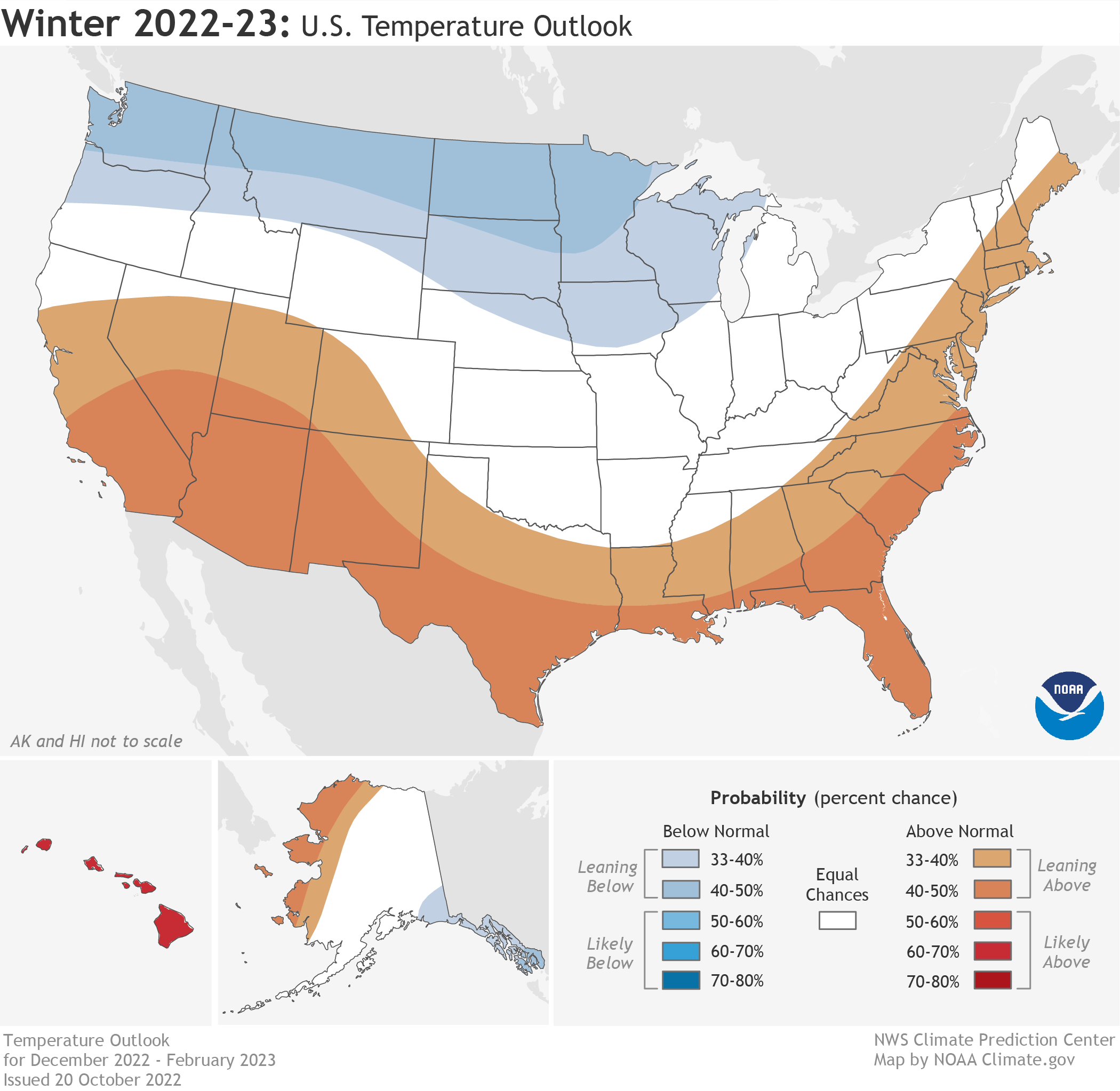 Map showing the U.S. Winter Outlook 2022-2023 map for temperature shows the greatest chances for warmer-than-average conditions in western Alaska, and the Central Great Basin and Southwest extending through the Southern Plains. Below normal temperatures are favored from the Pacific Northwest eastward to the western Great Lakes and the Alaska Panhandle.