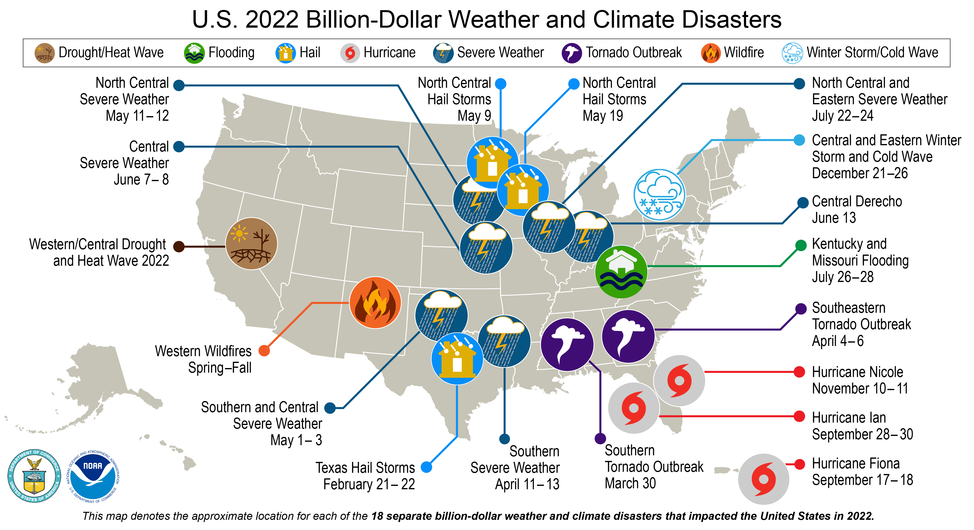 Map of the U.S. plotted with 18 separate billion dollar disasters that occurred in 2022.