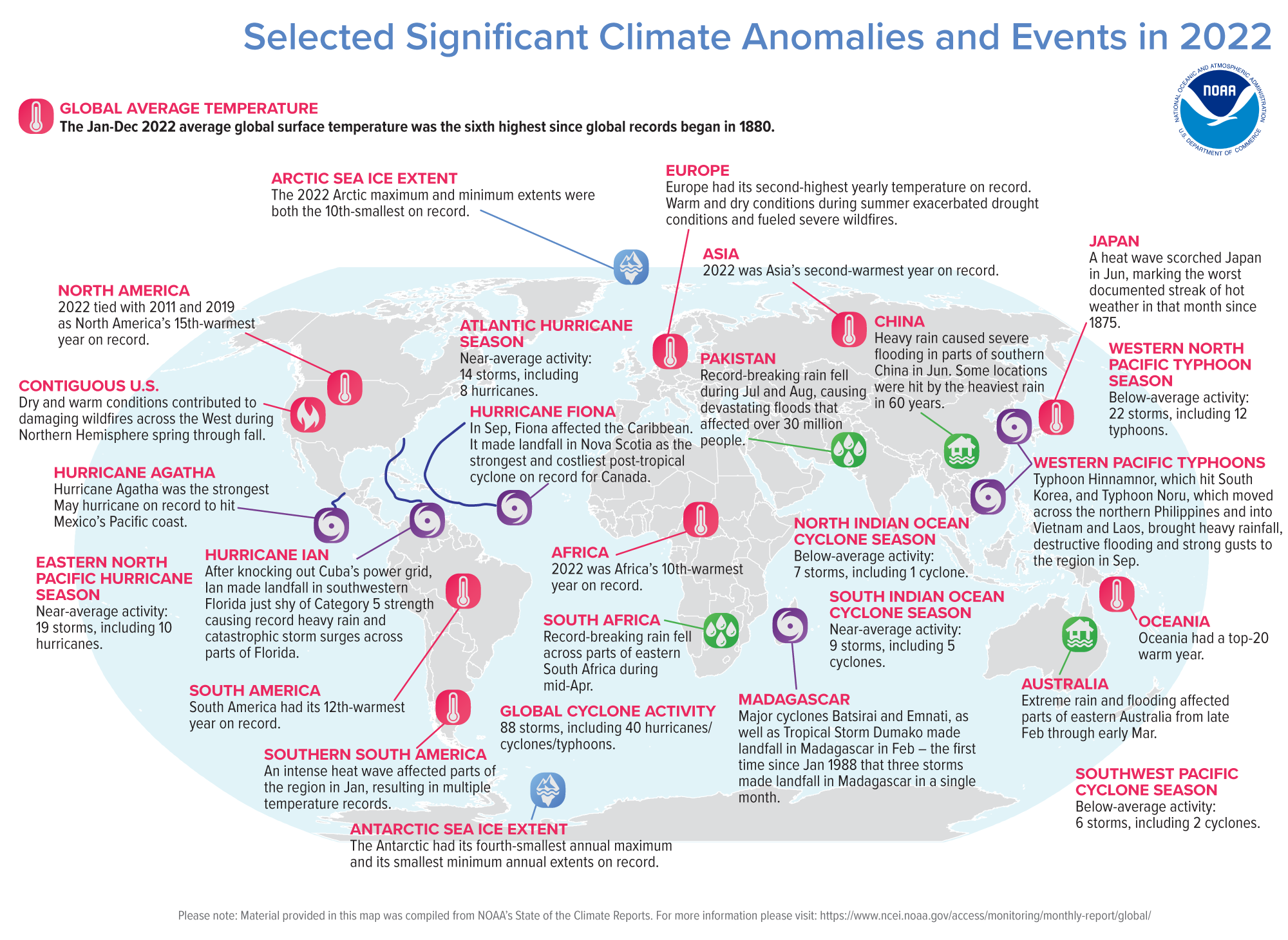 An annotated map of the world plotted with the year's most significant climate events.
