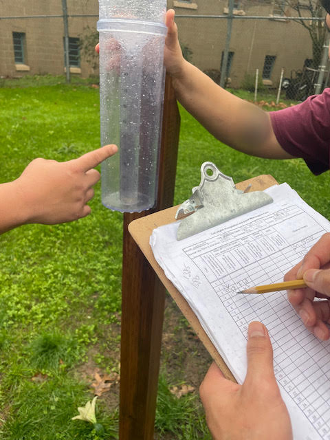 A rain gauge on a post in a grassy outdoor area surrounded by a chain-link fence. Just the arms and hands of students are visible as one student holds the gauge, one points to indicate the level of rainfall that has collected in the gauge, and a third records information on a data sheet. 