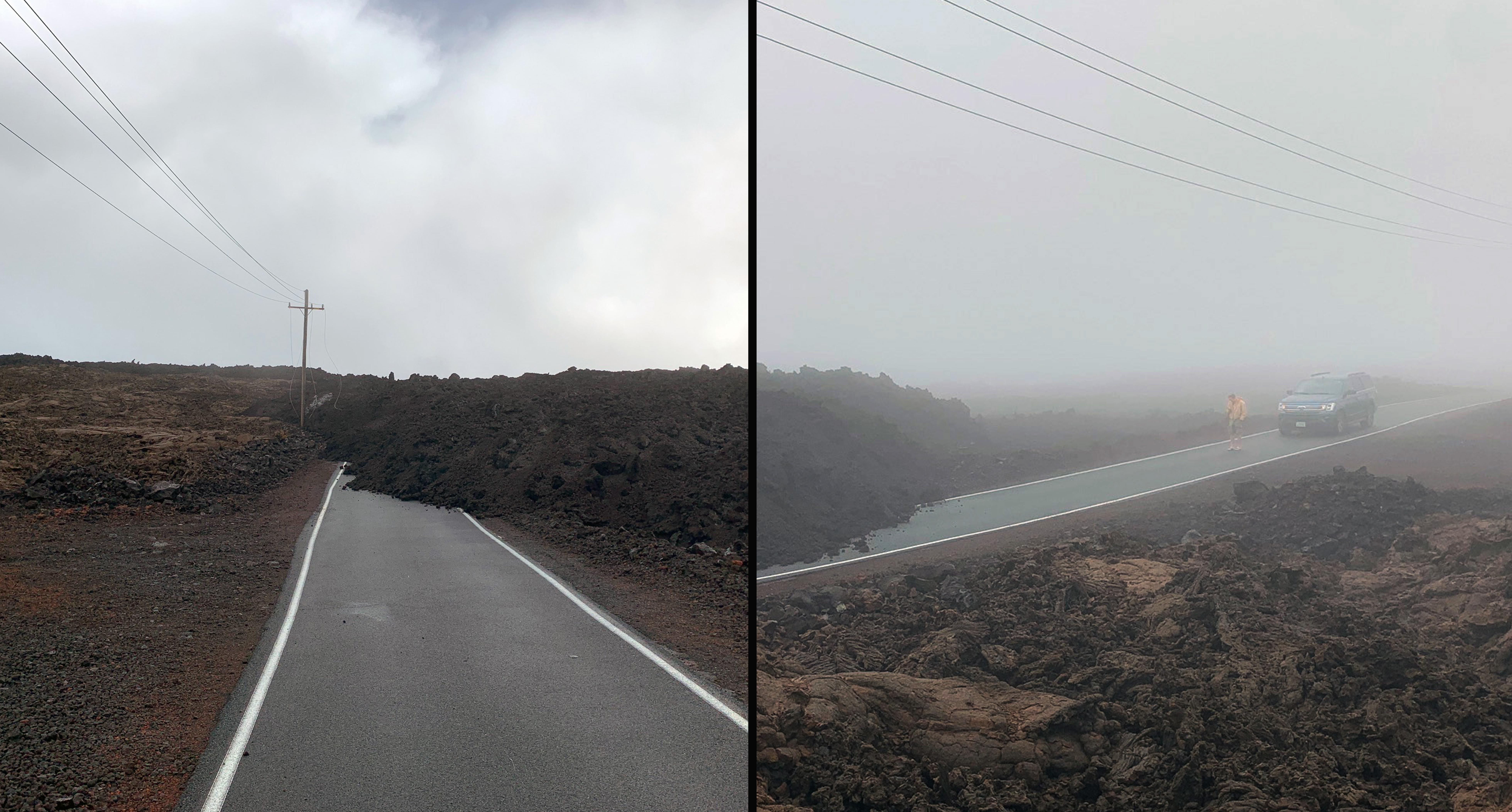 Lava covering the access road to the NOAA Mauna Loa Baseline Observatory during the 2022 Mauna Loa eruption.