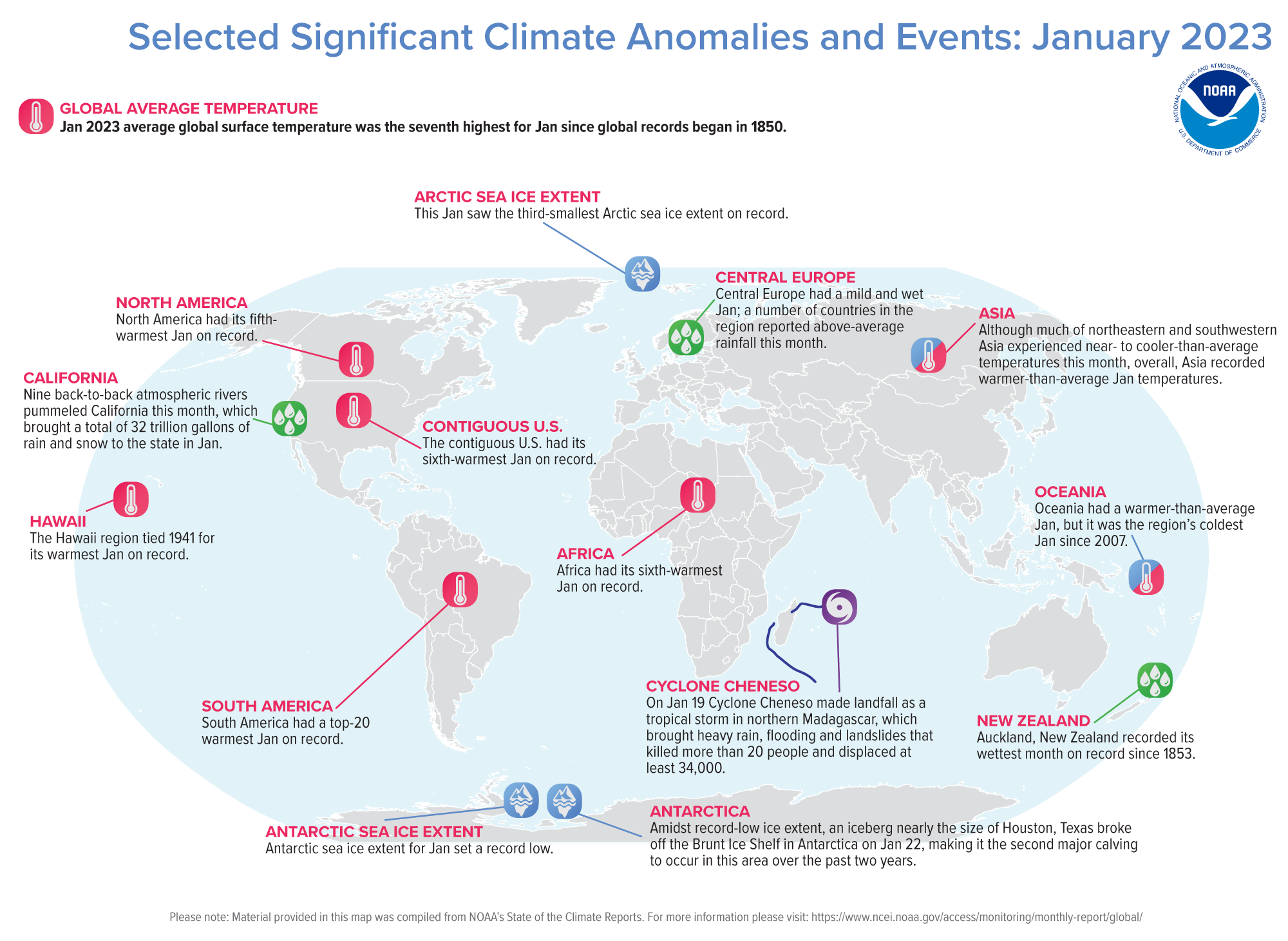 A map of the world plotted with some of the most significant climate events that occurred during January 2023.