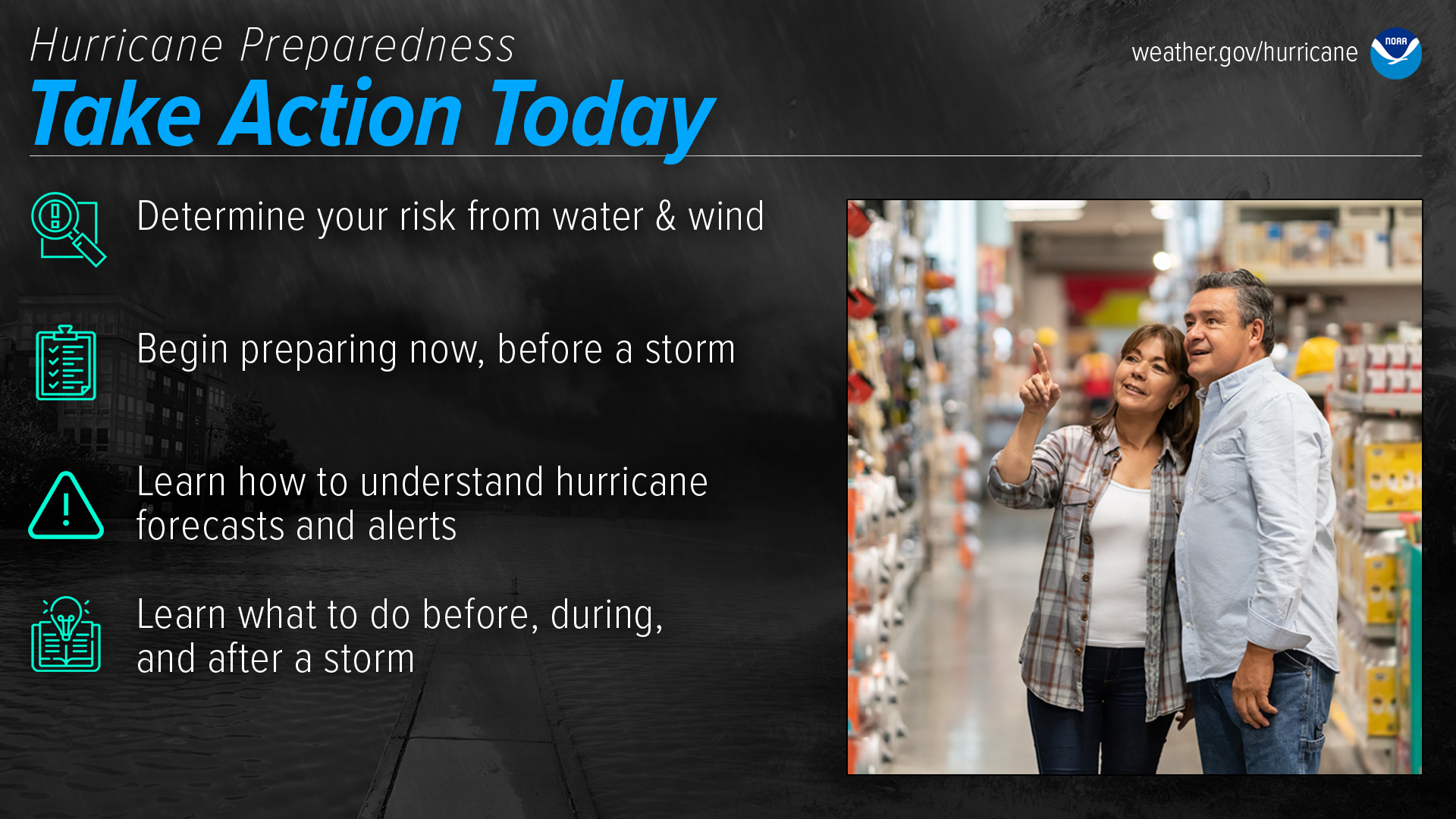 Hurricane Preparedness - Take Action Today. Determine your risk from water and wind. Begin preparing now, before a storm. Learn how to understand hurricane forecasts and alerts. Learn what to do before, during, and after a storm.