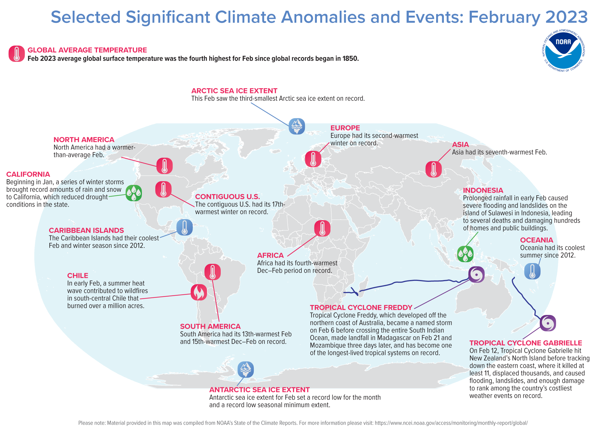 A map of the world plotted with some of the most significant climate events that occurred during February 2023. 