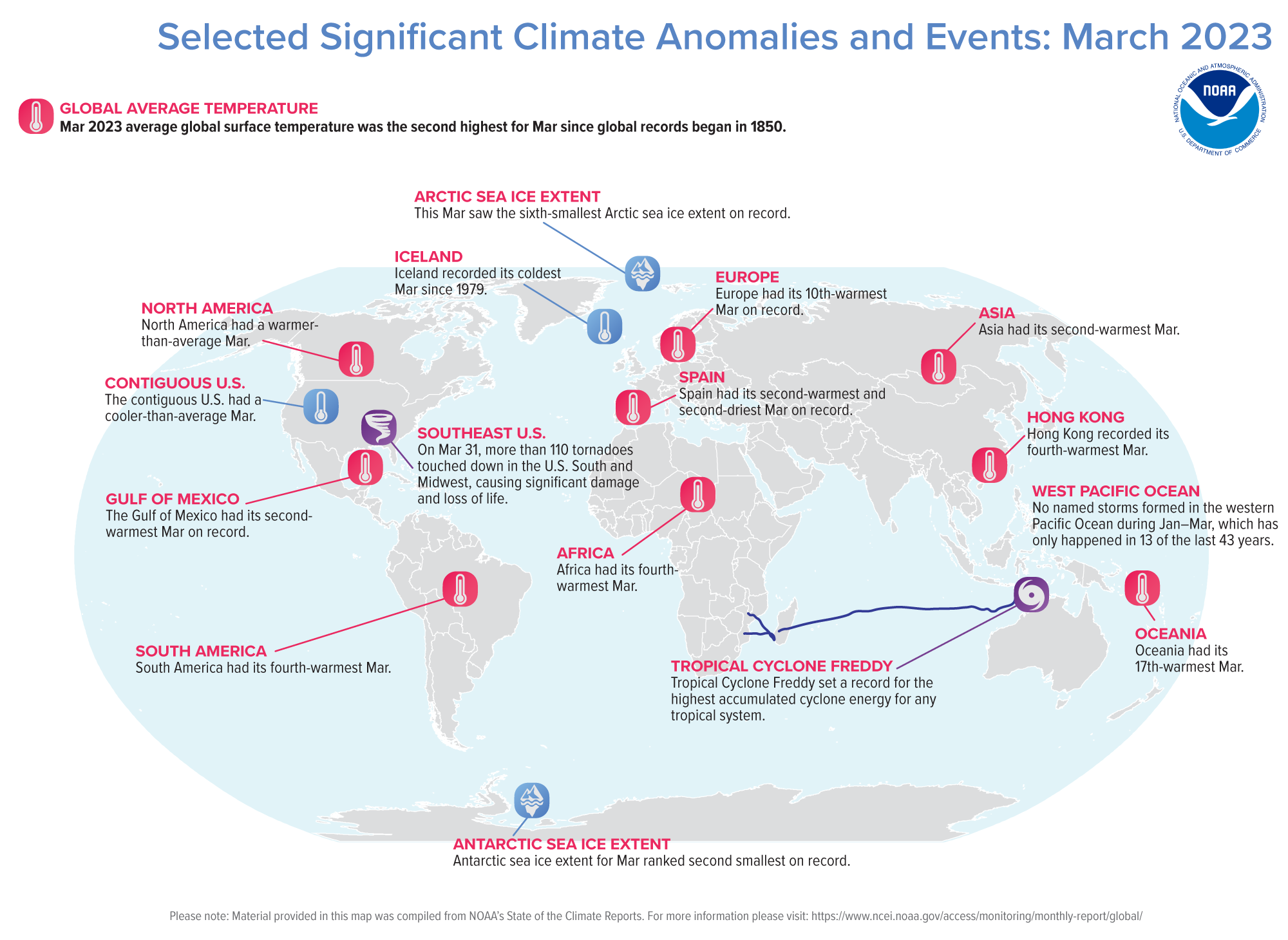 A map of the world plotted with some of the most significant climate events that occurred during March 2023.