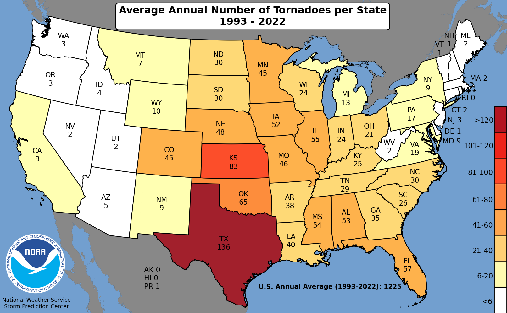 Average Annual Number of Tornadoes per State 1993 - 2022