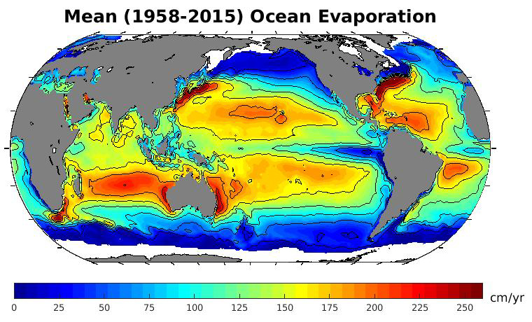 Average annual evaporation rates over the oceans.