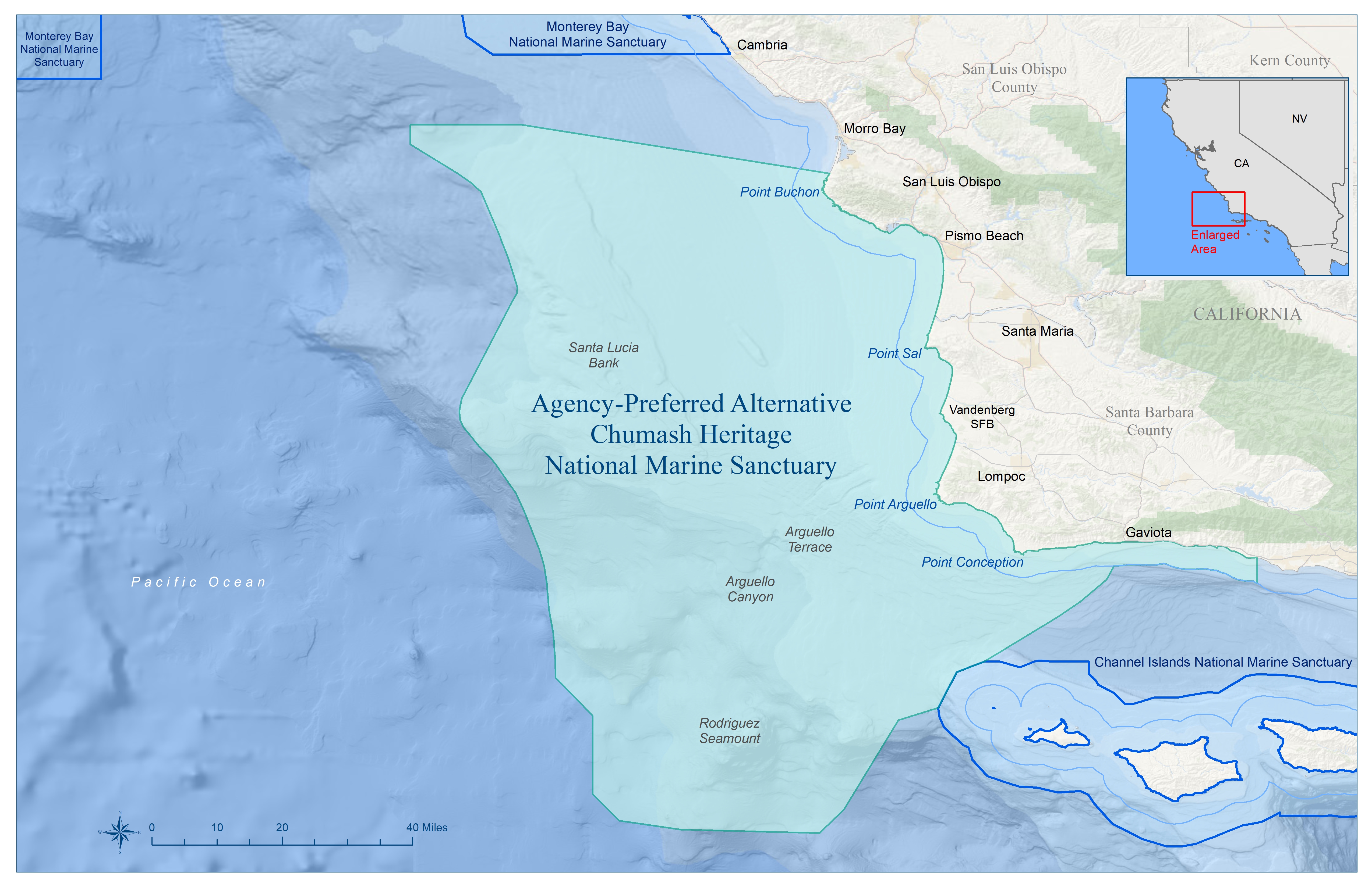 Map of the area off the coast of San Luis Obispo County, California, that NOAA is proposing to designate as the Chumash Heritage National Marine Sanctuary.