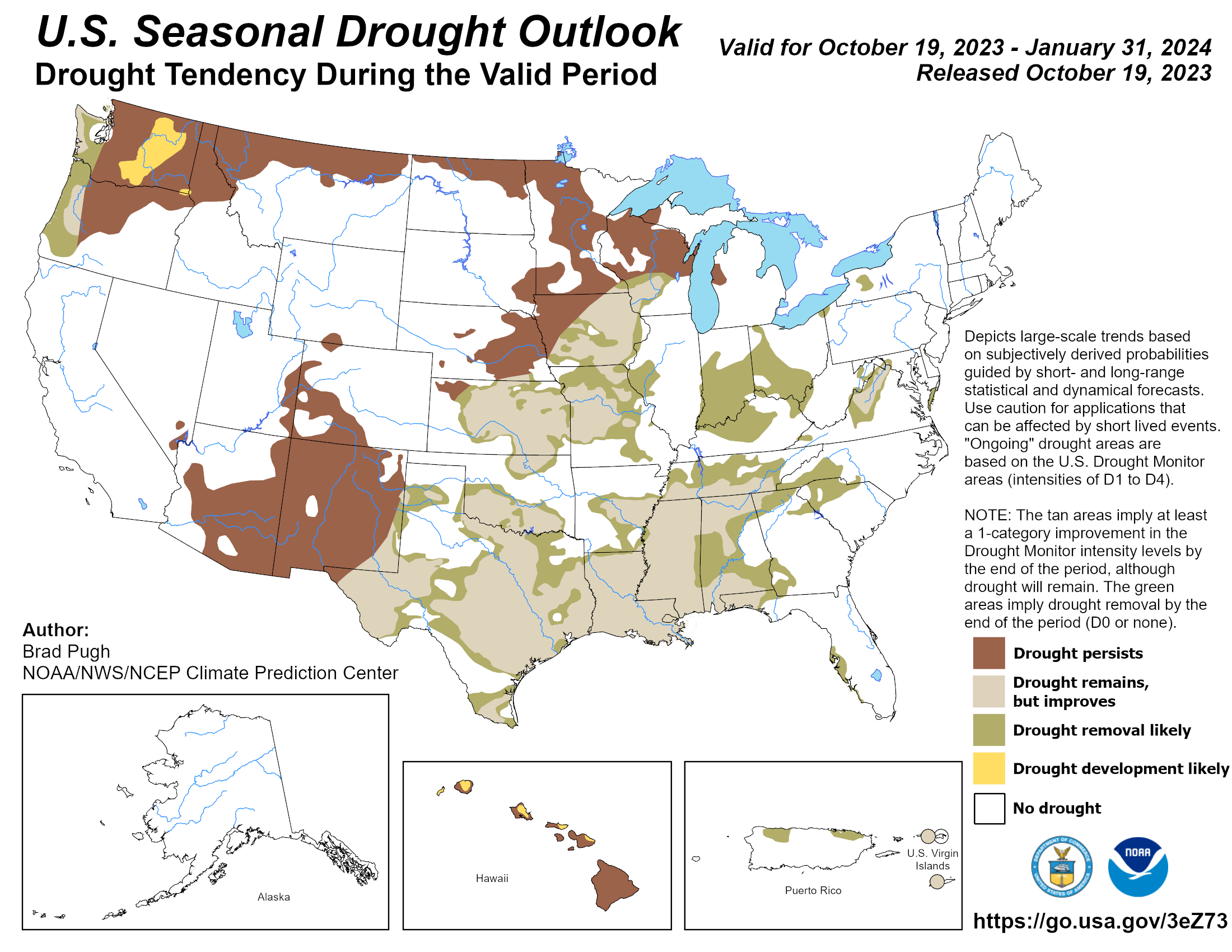 Image showing the U.S. Drought Outlook map for November 2023 through January 2024 predicts drought improvement in the South, lower Mississippi Valley, Texas and parts of the Midwest. Drought is likely to persist in portions of the desert Southwest, in parts of the Pacific Northwest eastward along the northern tier to the Great Lakes, and across Hawaii. Drought development is expected in the interior Pacific Northwest.