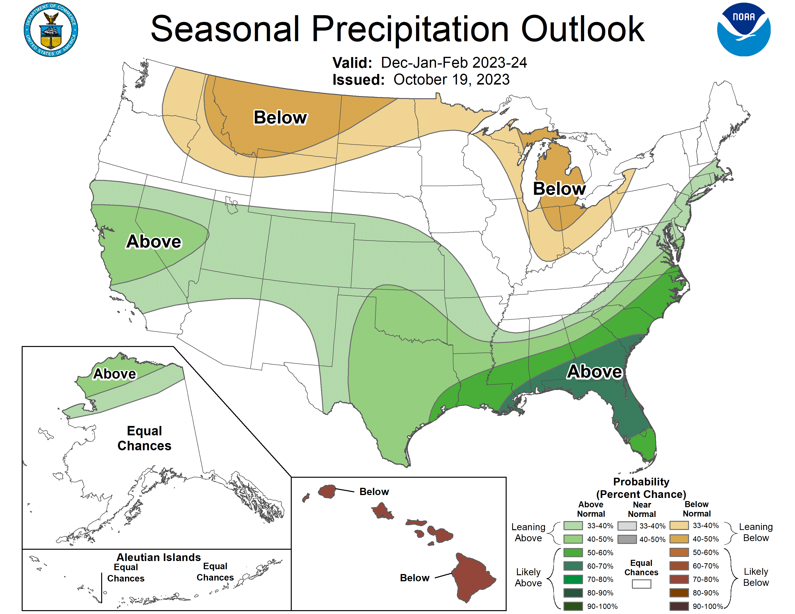 Image showing the 2023-2024 U.S. Winter Outlook map for precipitation shows wetter-than-average conditions are most likely across the South and Southeast and parts of California and Nevada. Drier-than-average conditions are forecast for parts of the northern tier of the United States.
