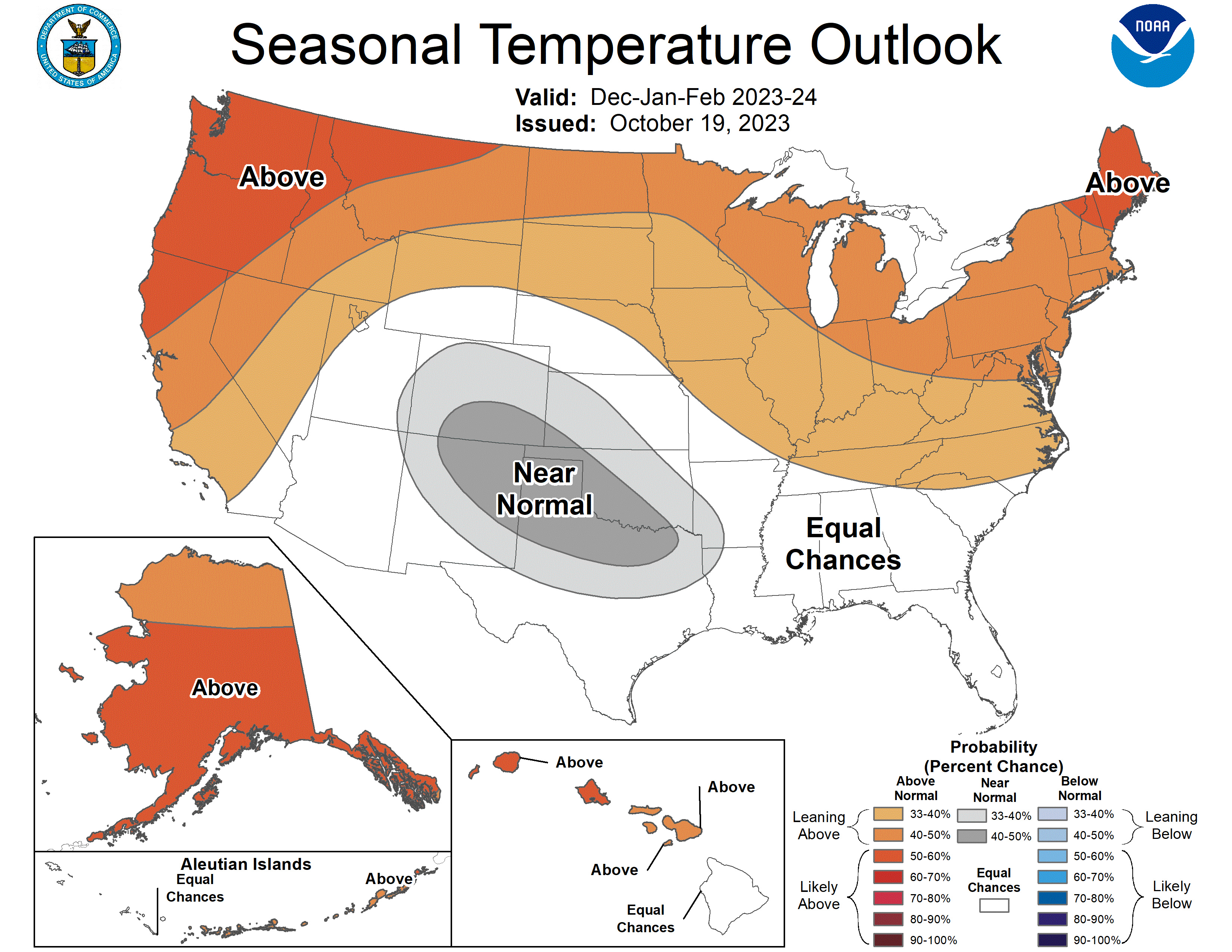 Image showing the 2023-2024 U.S. Winter Outlook map for temperature shows the greatest chances for warmer-than-average conditions are in the northern tier of the continental United States.