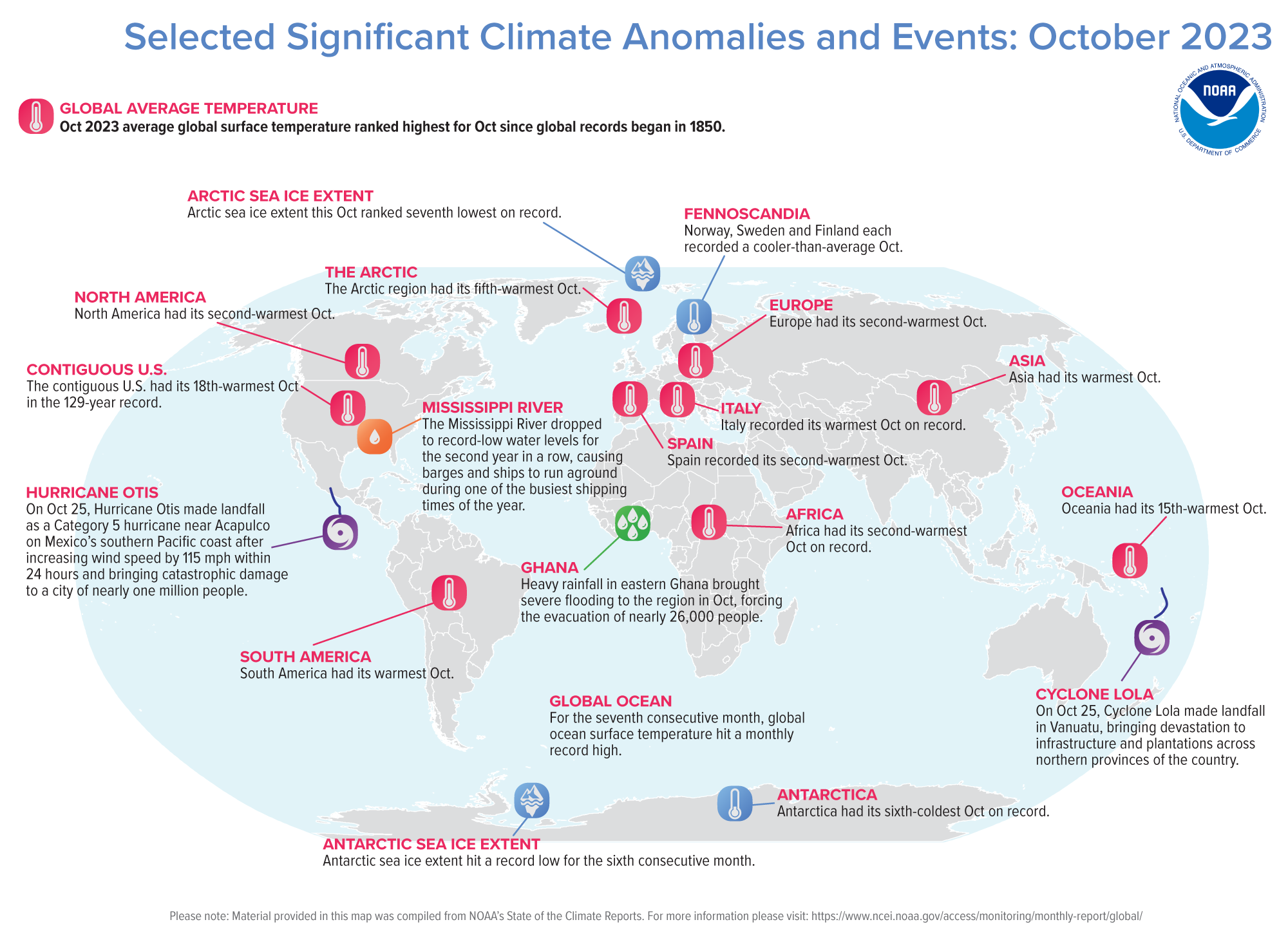 A map of the world plotted with some of the most significant climate events that occurred during October 2023. Please see the story below as well as more details in the report summary from NOAA NCEI at h http://bit.ly/Global202310.
