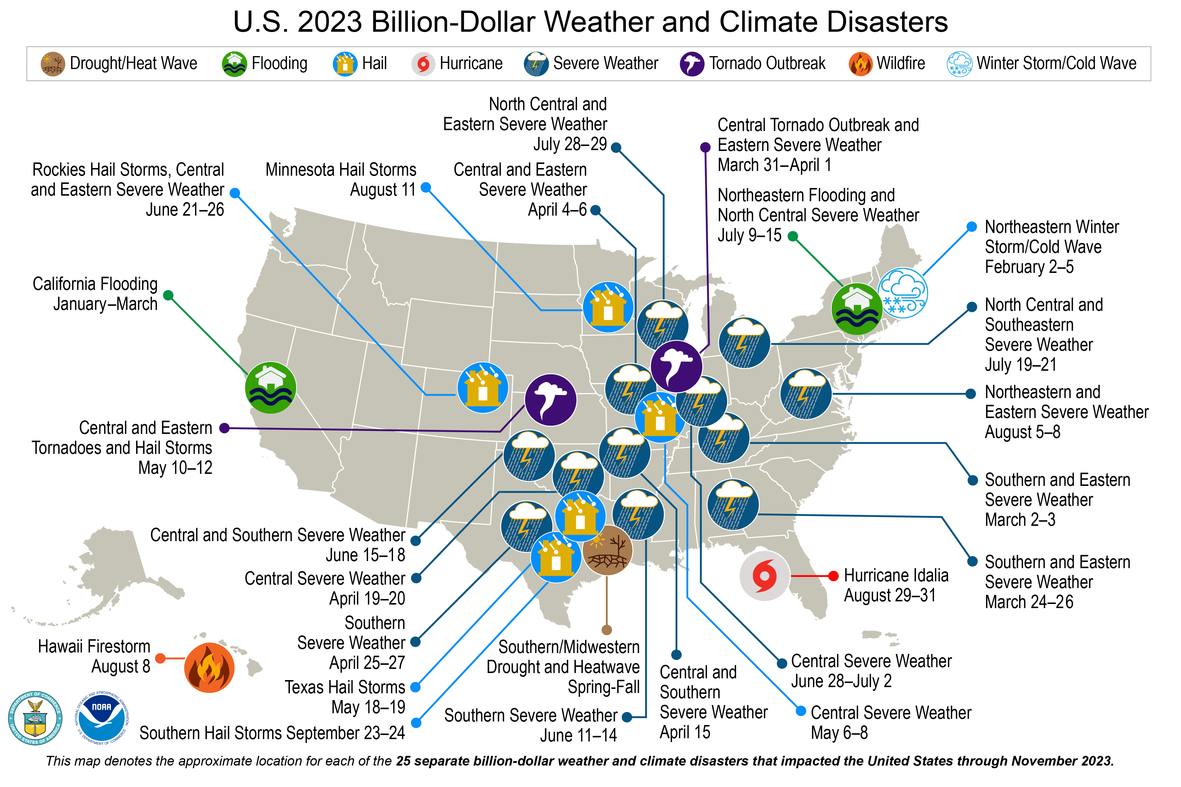 A map of the U.S. plotted with 25 weather and climate disasters each costing $1 billion or more that occurred between January and November, 2023. 