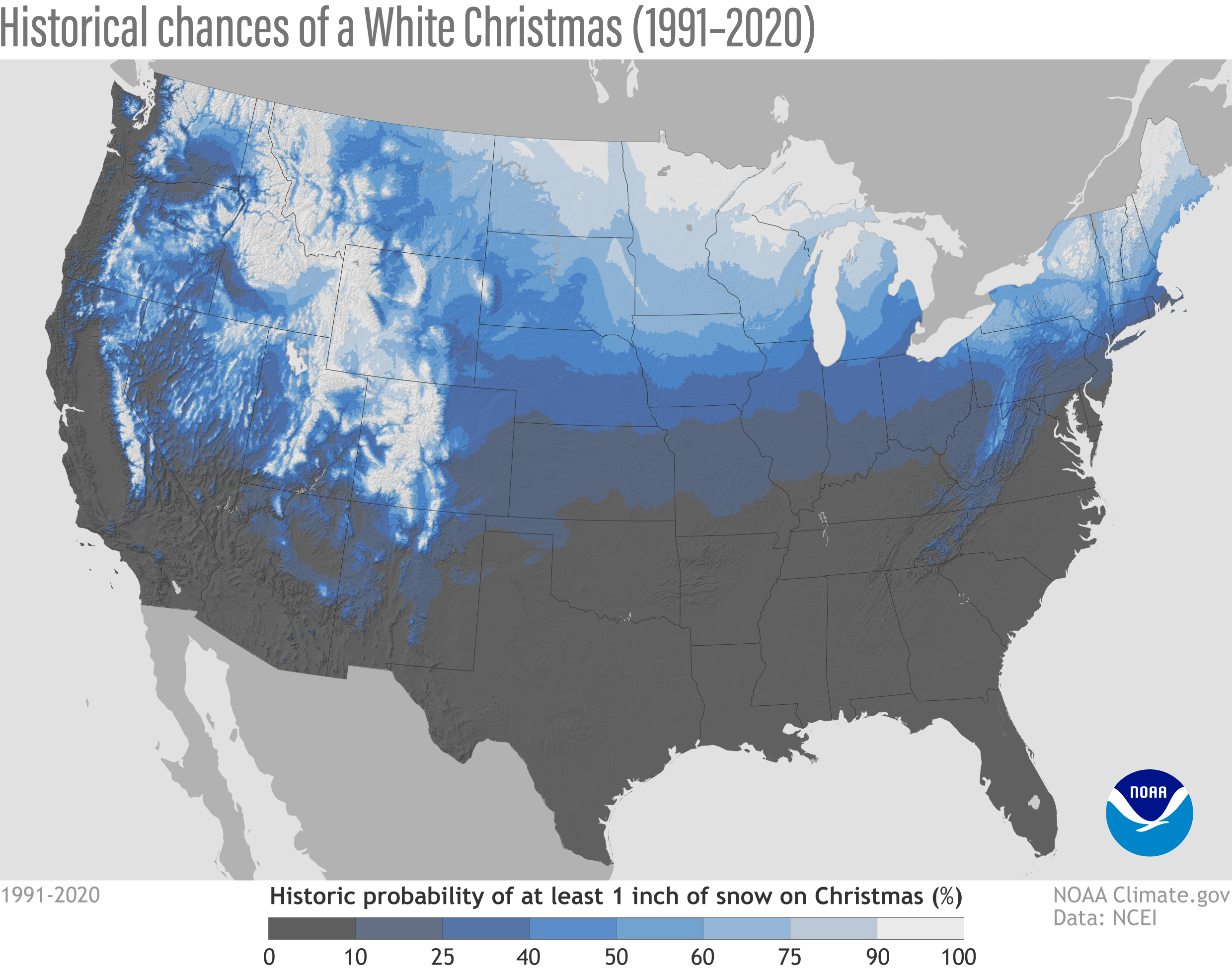 A map of the United States showing the historic probability of at least one inch of snow on Christmas Day (based on climate data 1991-2020).