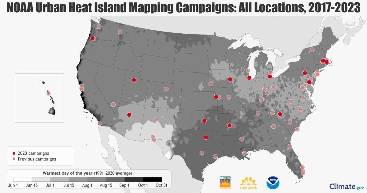 This map shows the more than 80 communities that have conducted Urban Heat Island mapping since the initiative began in 2017. Red dots represent the 18 community UHI campaigns in 2023, and gray dots represent past campaigns. Note that there are 15 red dots because some cities/counties next to each other participated in two campaigns.