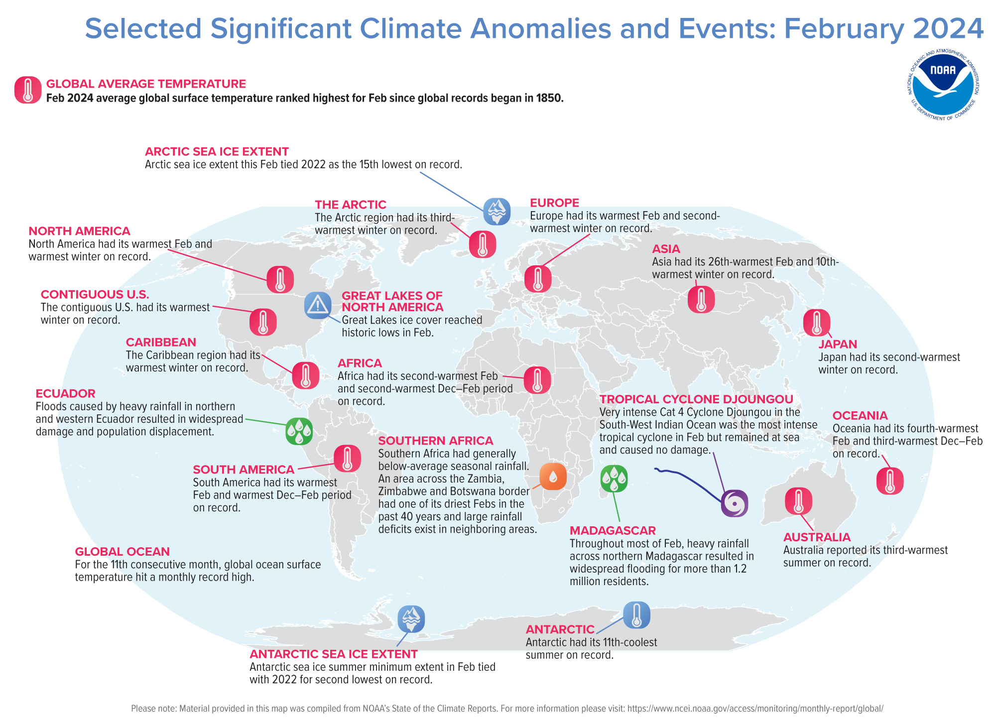 An annotated map of the world plotted with February 2024's most significant climate events. See the story below as well as the report summary from NOAA NCEI at http://bit.ly/Global202402.