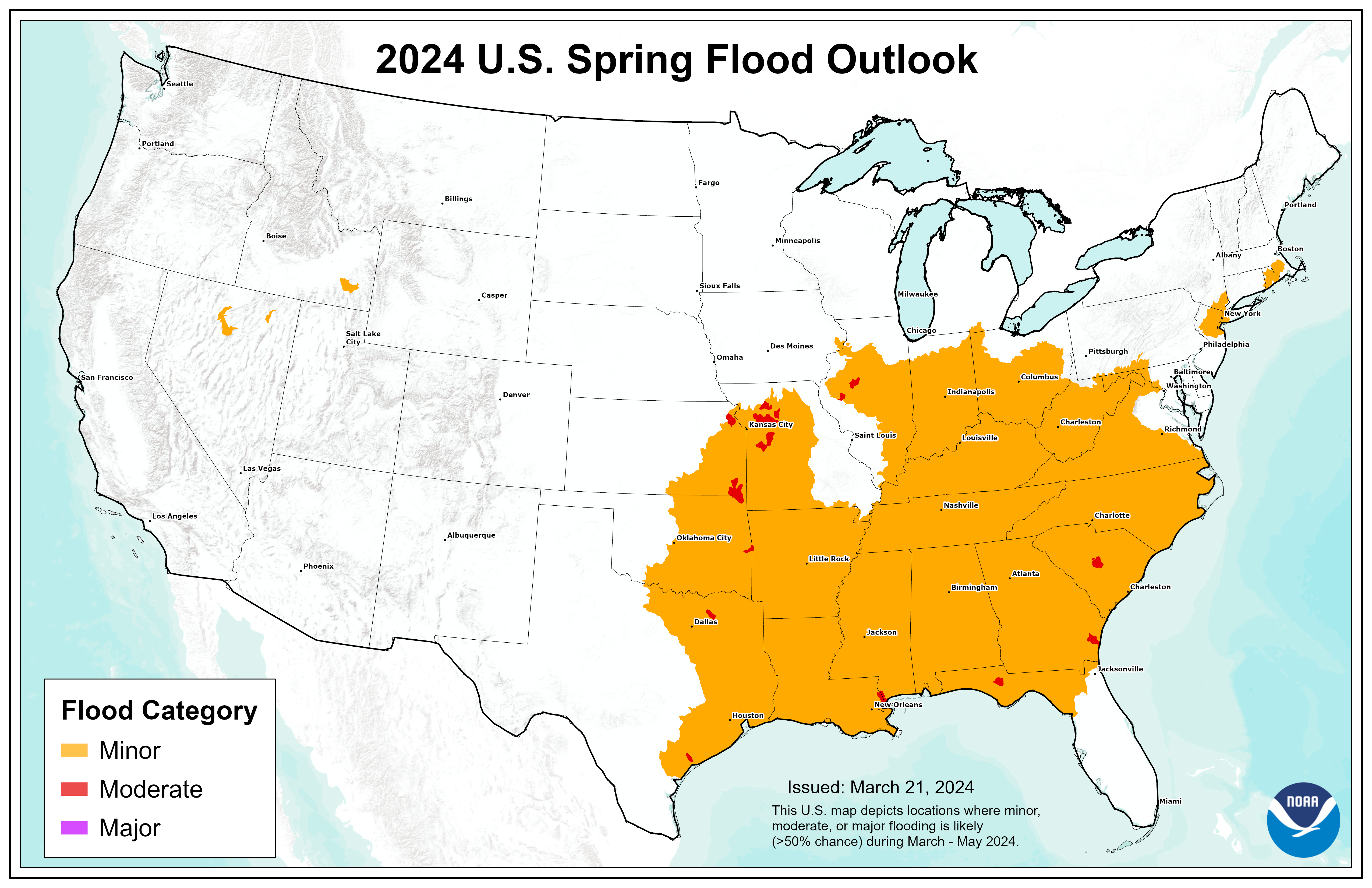 This map depicts the locations where there is a greater than 50% chance of minor to major flooding during April through June, 2024. 