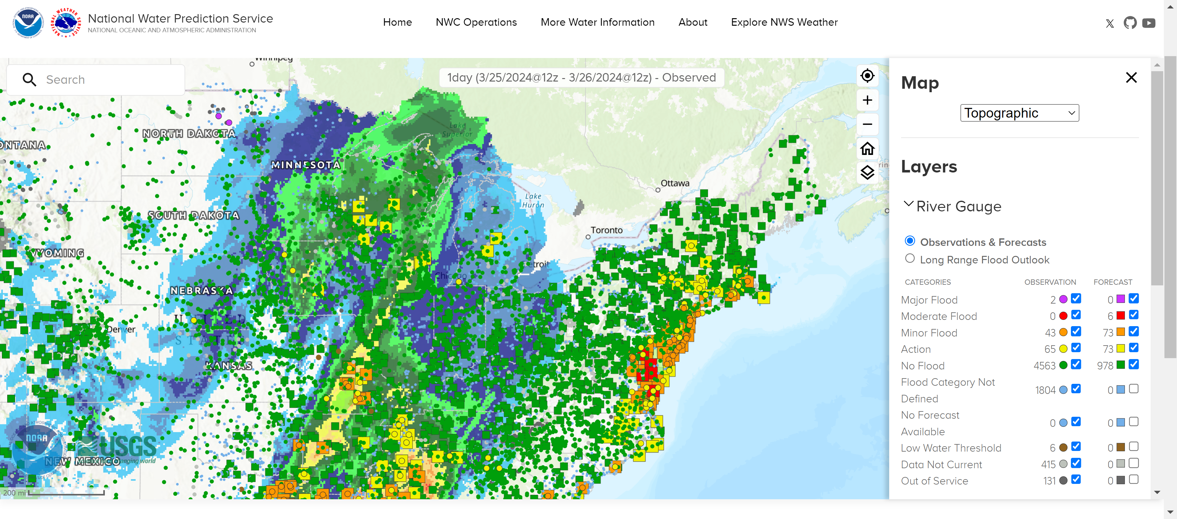 National Water Prediction Service (NWPS) map showing River Gauge observations and forecasts and associated precipitation estimates for March 26, 2024. This map should not be used for decision making.