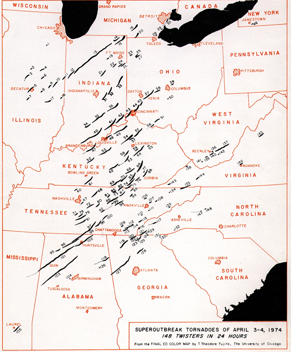Map of tornado tracks on April 3-4, 1974.