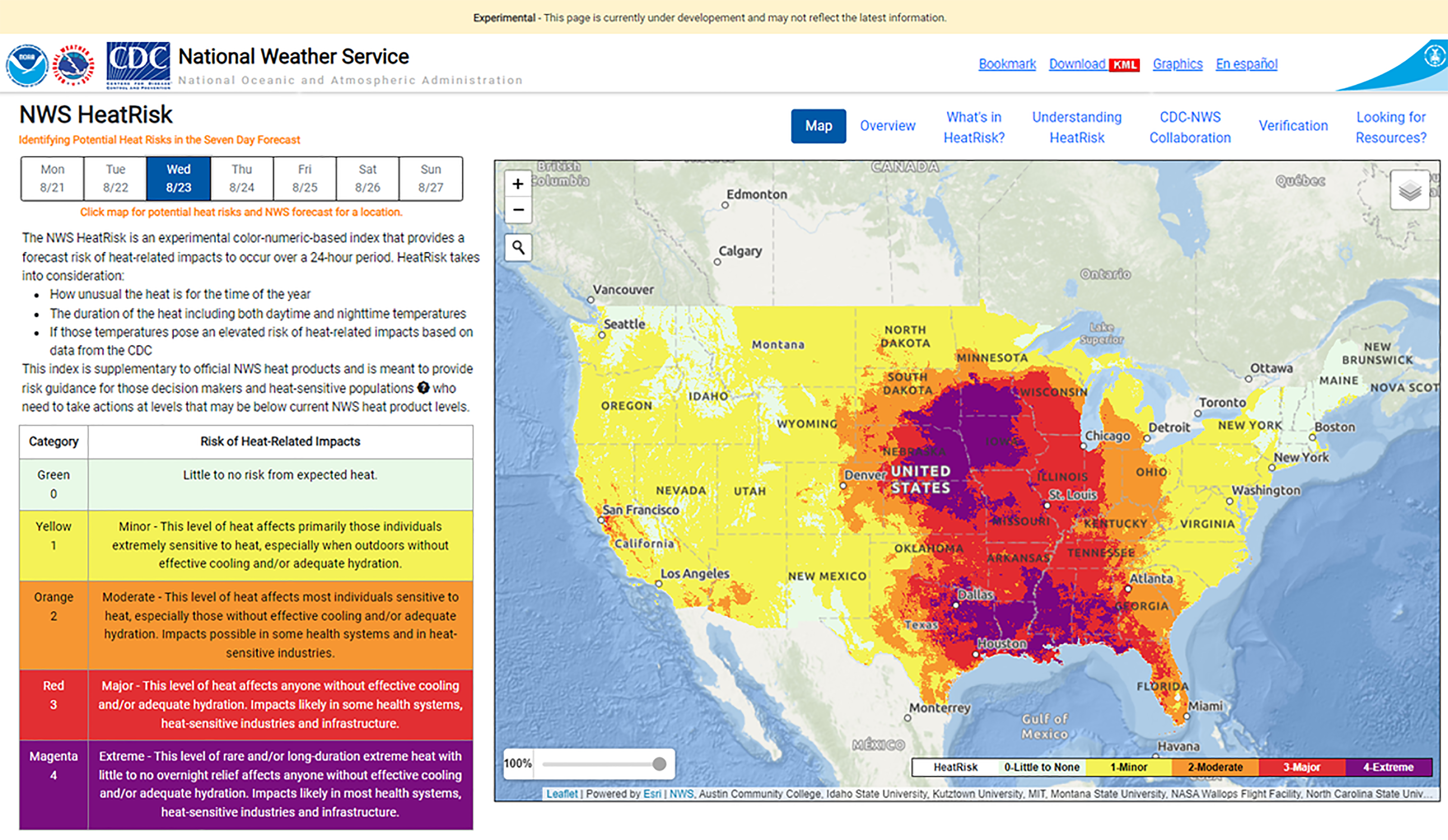 Image showing mockup of NOAA’s National Weather Service experimental HeatRisk tool website for the contiguous U.S., where NWS forecasts are combined with CDC heath-heat data to identify potentially dangerous heat.