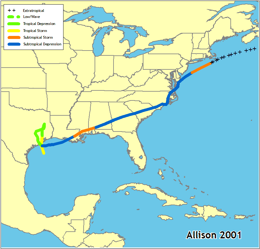Graphic showing the path of Tropical Storm Allison. The storm formed in the Gulf of Mexico, struck land along the Texas coast, and traveled northeast along the Gulf states and through Georgia, the Carolinas, and Virginia. Allison left land along the mid-Atlantic, traveling northeast along the coast before becoming an extratropical system. 