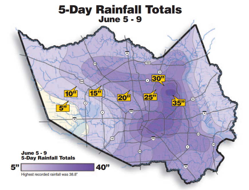 Graphic showing rainfall totals for Harris County, Texas for June 5 - 9 2001 during Tropical Storm Allison. The highest recorded rainfall was 38.8 inches. Image courtesy of Tropical Storm Allison Recovery Project.