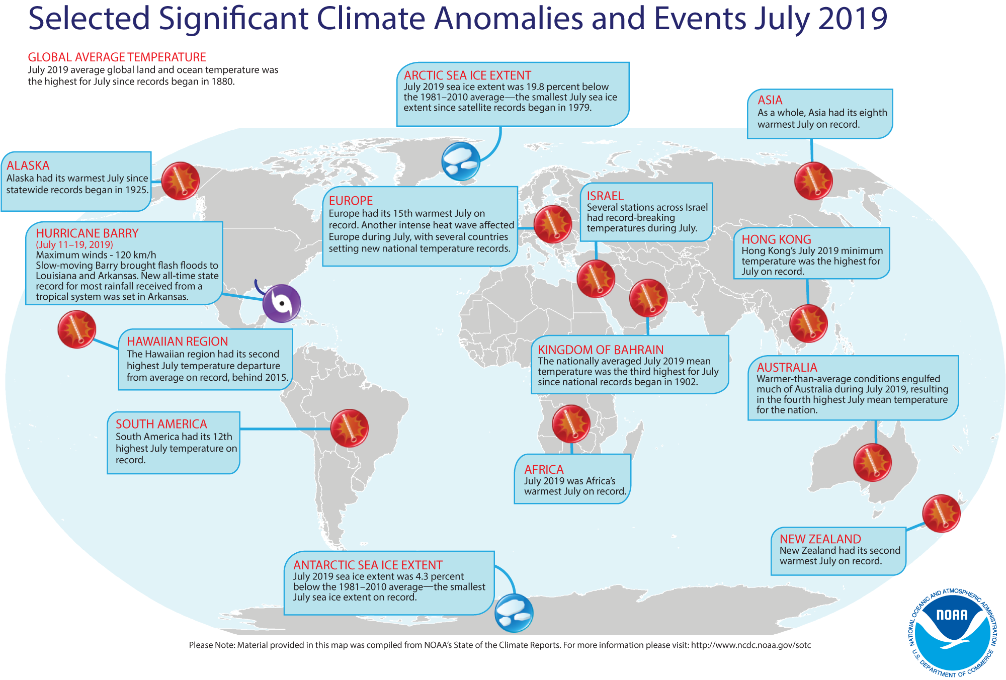 An annotated map of the world showing notable climate events that occurred around the world in July 2019. For details, see the short bulleted list below in our story